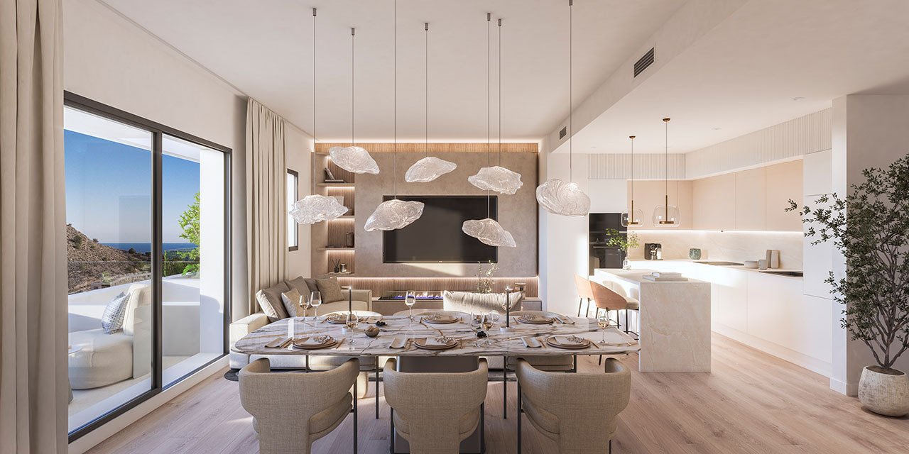 Appartements avec 3 chambres, climatisation, chauffage au sol dans les salles de bain, parking privé et piscine commune à seulement 300 m de la plage