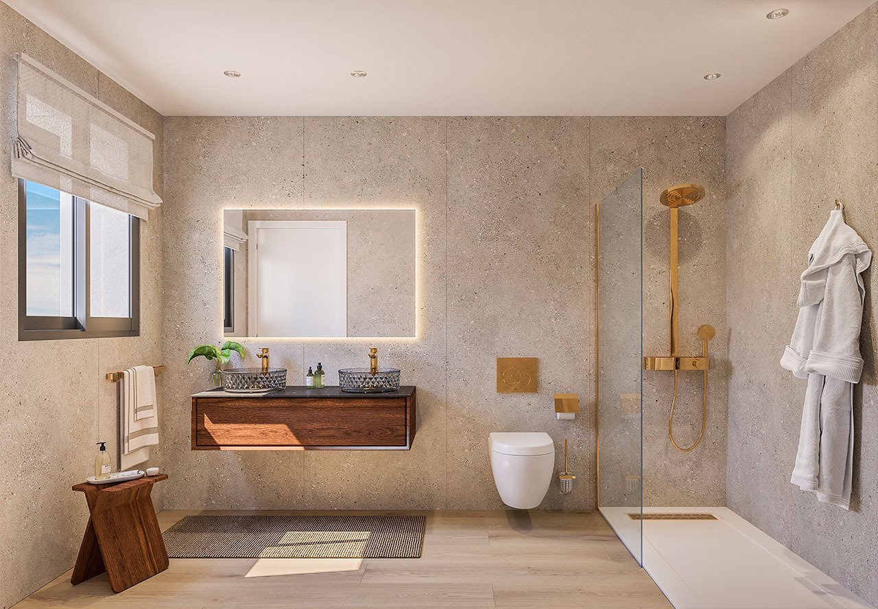 Appartements avec 3 chambres, climatisation, chauffage au sol dans les salles de bain, parking privé et piscine commune à seulement 300 m de la plage